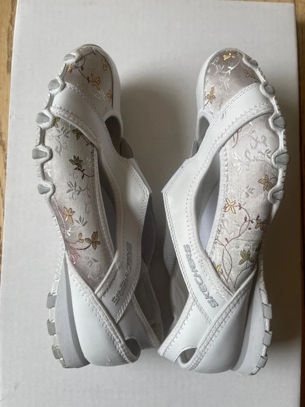 Skechers White Slip-On Flats with Pink and Gold Floral Accents - Picture 6 of 8